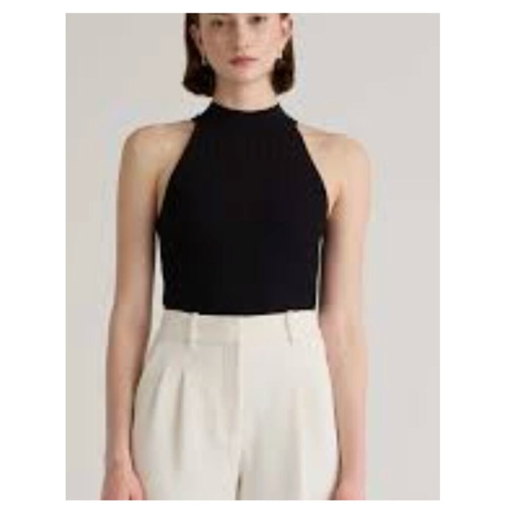 Quince Cropped High Neck Ribbed Knit Tank in Black Sz Small # 105